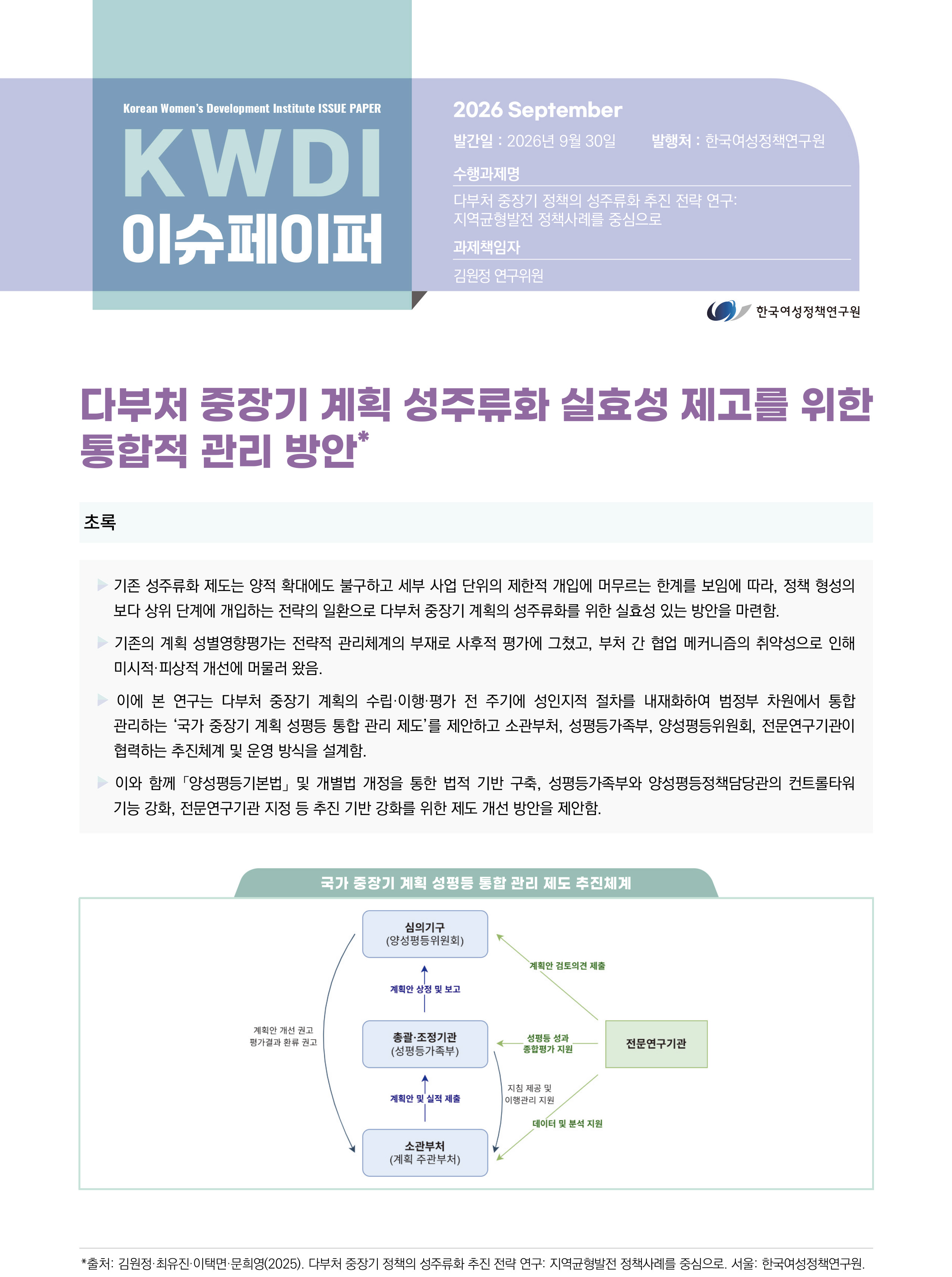 다부처 중장기 계획 성주류화 실효성 제고를 위한  통합적 관리 방안